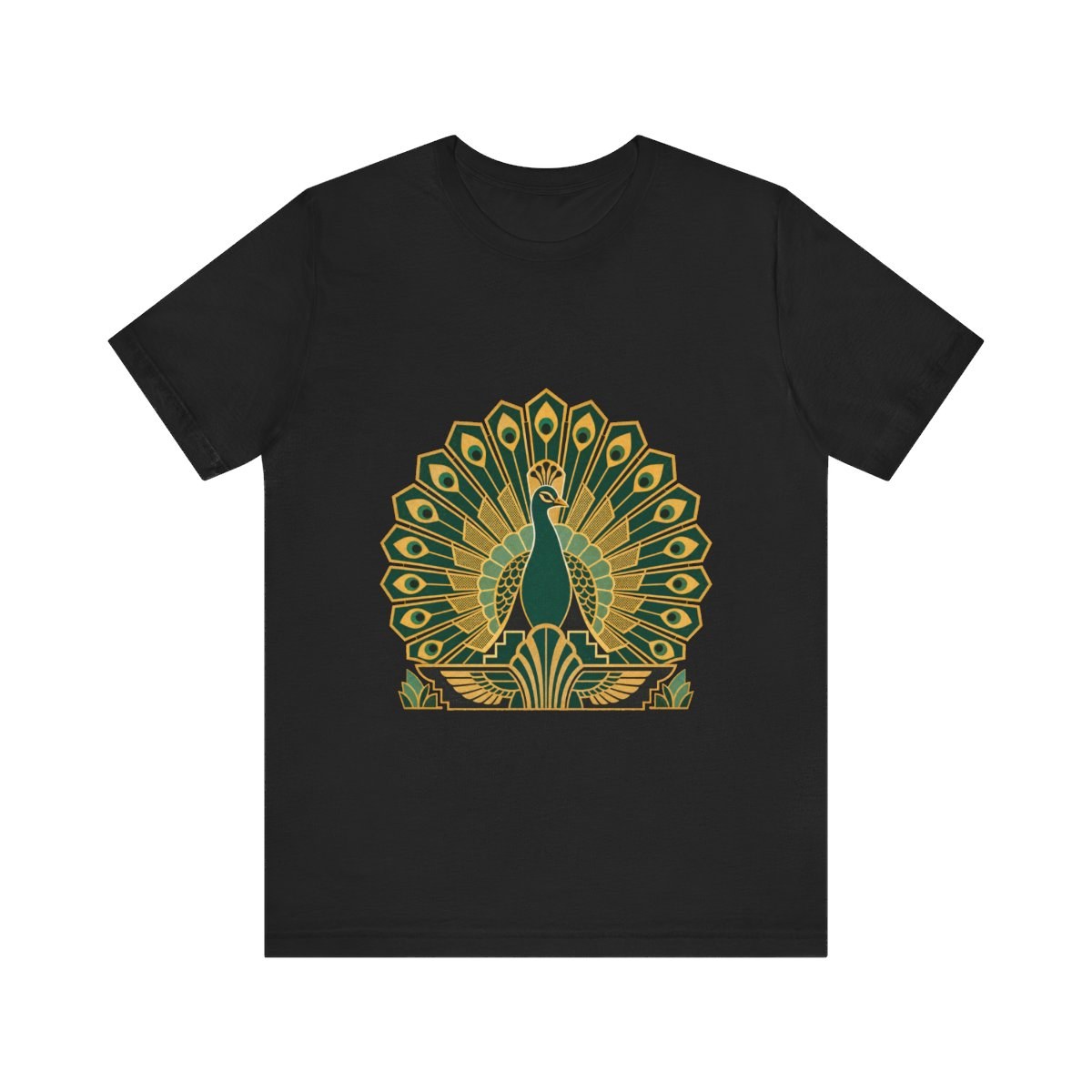 Art Deco Peacock T-Shirt 1920s Geometric Gatsby Gold Emerald Fan Tail Graphic Tee