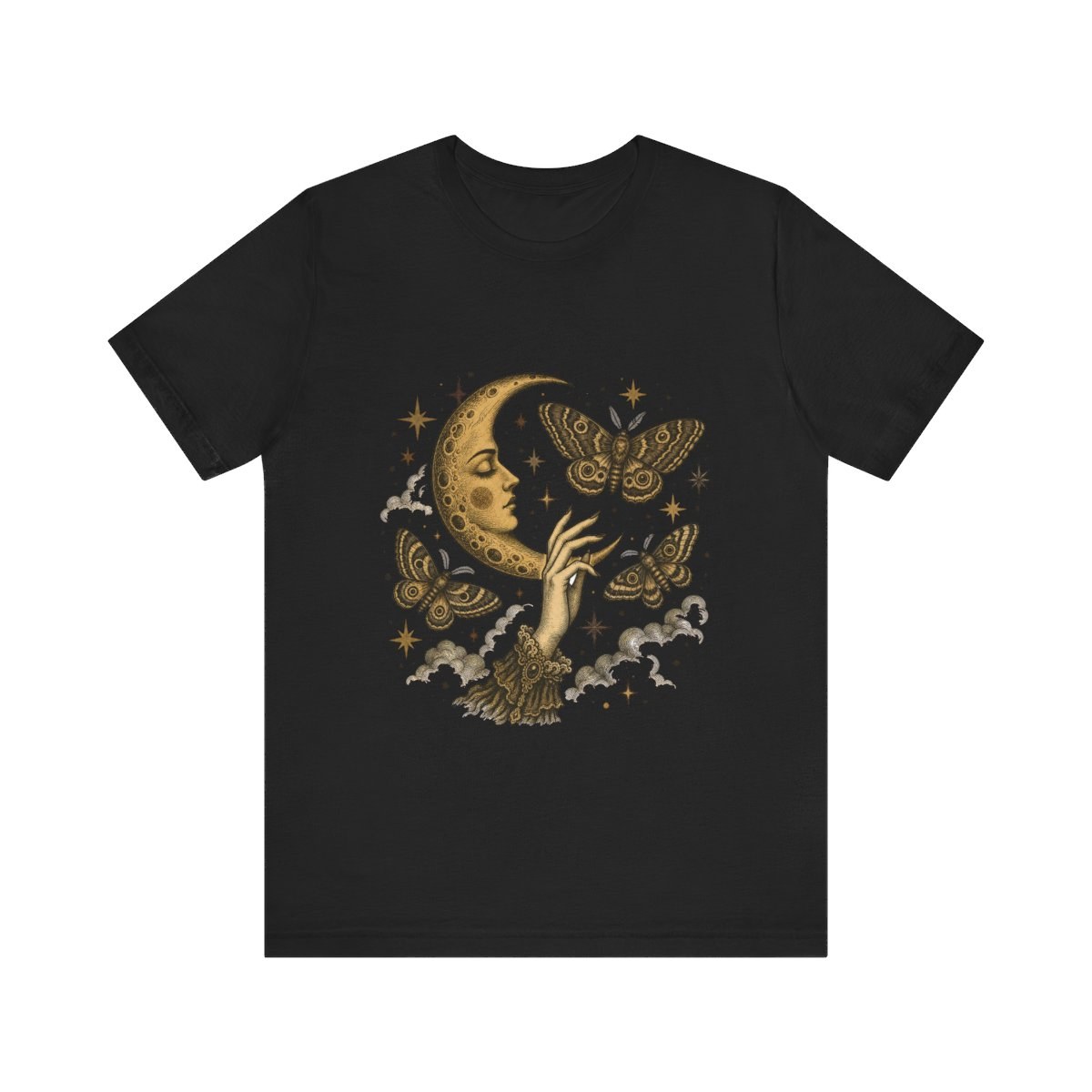Vintage Tarot Moon Crescent Hand Moths Stars T-Shirt Mystic Celestial Occult Witchy Gift